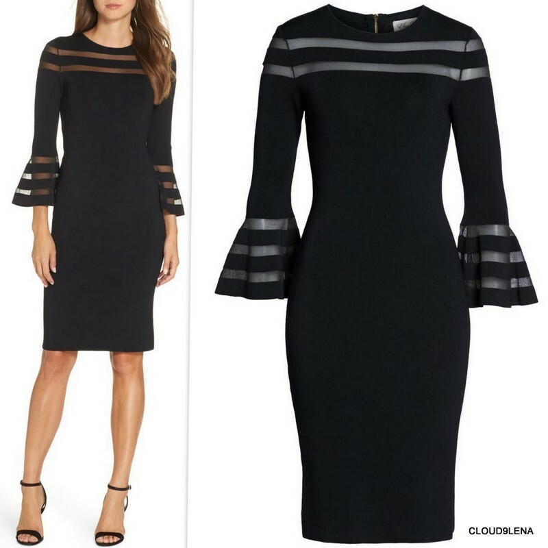 ELIZA J Size S Nordstrom Bell Sleeve Black knit Stripe Mesh Sheath