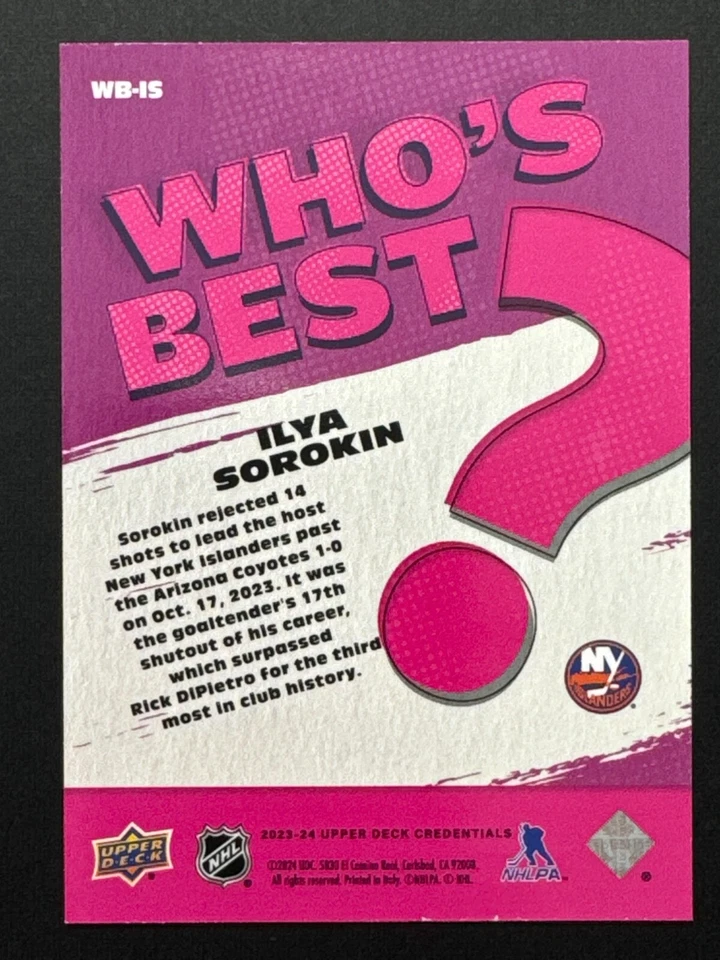 2023-24 UD Credentials Ilya Sorokin Who's Best #WB-IS New York Islanders - Image 2 of 2