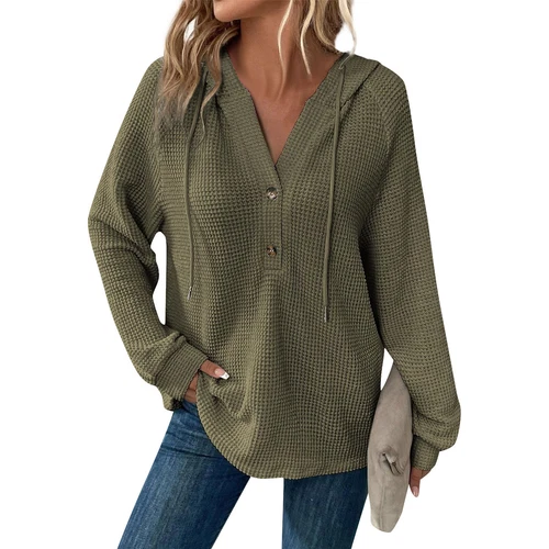 Women's hooded waffle knit button V-neck long sleeved sweater sweatshirt top- - Bild 15 von 43
