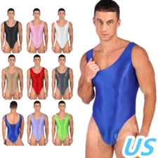 Men's Ice Silk Glossy Bodysuit High Cut Leotard Solid Wrestling Singlet Swimwear