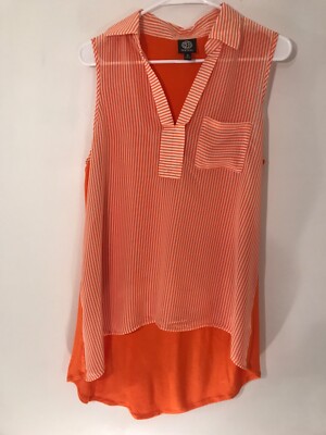 Babeau Women's Collar Sleeveless Blouse Bright Orange & White Stripes Size M