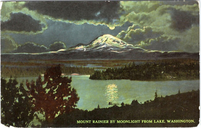 Mount Rainier by Moonlight, Washington - Vintage d/b Postcard - Lake Washington