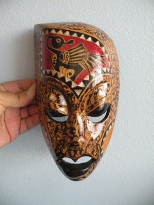 Tribal Face Mask Hand Carved Wood Mother of Pearl Inlay sunrise ? Phoenix bird L