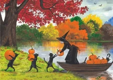 ACEO PRINT OF PAINTING RYTA WITCH BLACK CAT HALLOWEEN PUMPKIN patch farm art 🍁