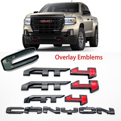 4pcs Emblems Fit 2021-2022 GMC Canyon AT4 Emblem Kit Gloss Black Overlay