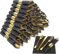 50 Pack Pre Rolled Gold Plastic Silverware Set,Wrapped Plastic Cutlery Set