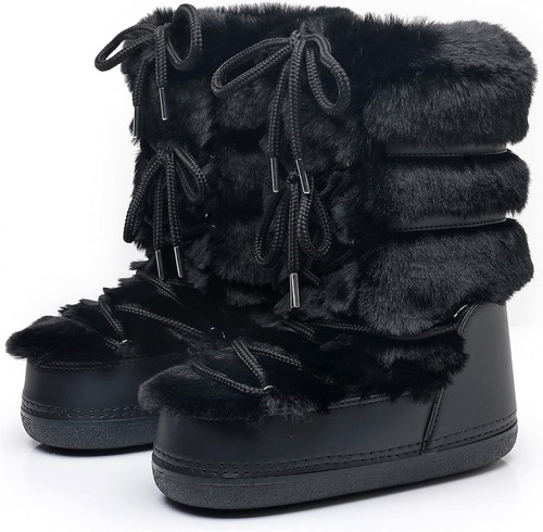 Furry Faux Fur Boots for Women - Fuzzy Winter 10-11, Black