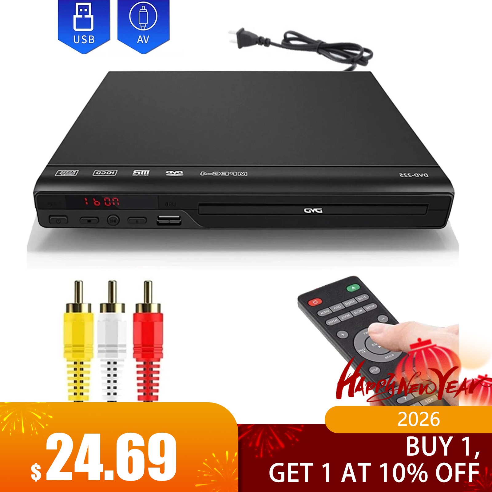 1080p DVD Player All Region Free DVD CD USB Player with AV+RCA Output US O1V2