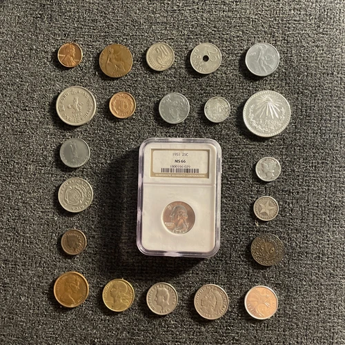 Old Foreign World Coin Lot 22 Coins And Graded Silver Quarter NGC  See Pics…