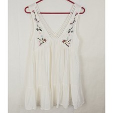 Y2K ivory floral embroidered babydoll dress Sz XS boho hippie feminine romantic