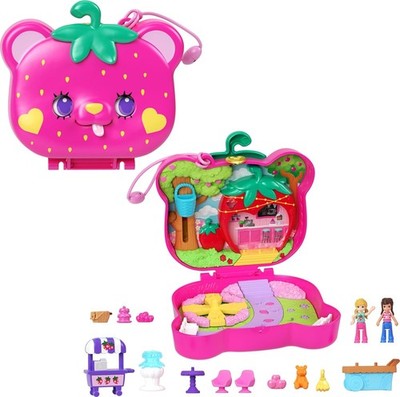 Polly Pocket Playset with 2 Micro Dolls & 12 Accessories, Straw-Beary Patch NEW