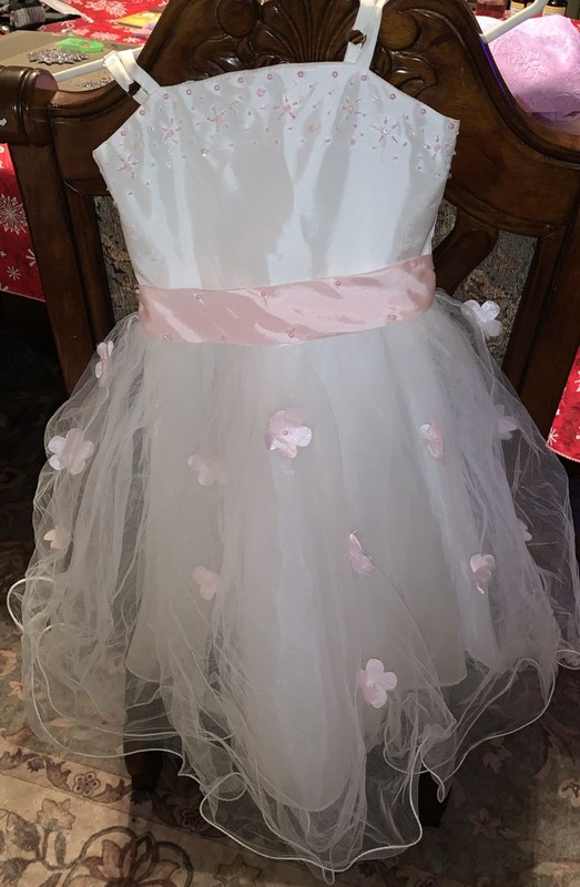 Girls Size 3-4 Toddler Fancy Princess Formal Wedding Dress 29’ Long White Pink