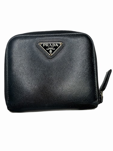 Prada Womens Triangle Logo Black Saffiano Leather Snap Zip Around Wallet Italy