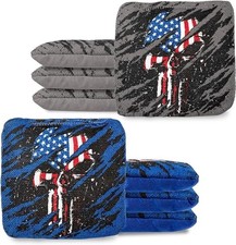 Tournament Series Cornhole Bags -Pro Style 4 Blue 4 Gray American Flag Skulls