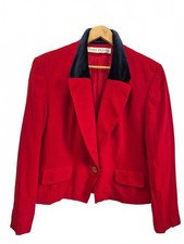 Evan Picone Vintage 90s 2k Ladies 100 Wool Red Blazer Navy Blue Velvet Collar