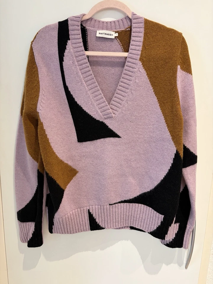 Marimekko Designer Pullover Kertaus Pilari 100% Wolle Rosa Schwarz Gr S - Bild 1 von 4