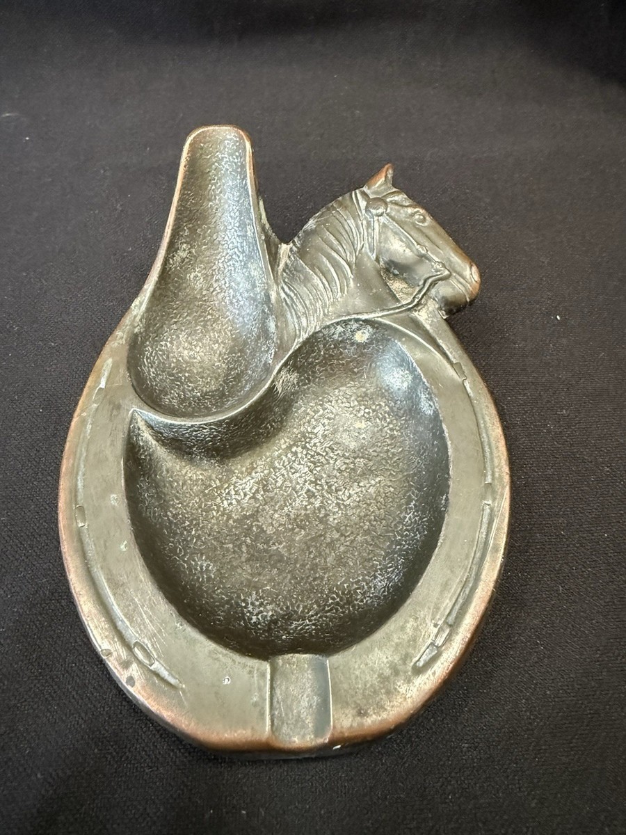 Ash Tray & Pipeholder, Horseshoe and Horse Design, Metal, 5-1/2
