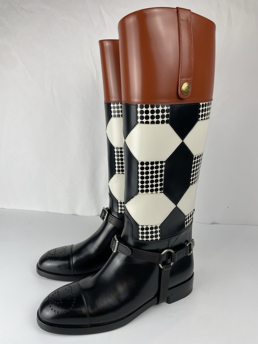 Gucci 678253 Zelda Black White Brown Check Horsebit Boot Size 38.5
