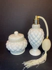 White Milk Glass Vanity Set Perfume Atomizer Jar With Lid Vintage Avon MINT!!!