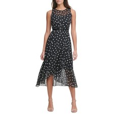 tommy Hilfiger Sleeveless Belted Polka Dot Chiffon Midi Dress Black / Ivory 2