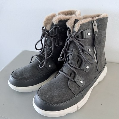 Sorel Womens 8 Boots Explorer II Joan Dual Zip Waterproof Grey Faux Fur Trim