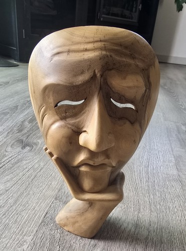 Vintage 10” Carved Wood Mask Sculpture Thinking Man w/Hand Table MCM Style