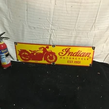 INDIAN MOTORCYCL1901  Gasoline Porcelain GAS STATION 29 X 8  In Single Side