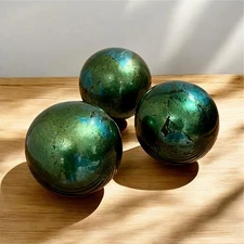 Pier 1 Imports Metallic Green Blue Decorative Balls Set Of 3 Iridescent Orbs ~4"