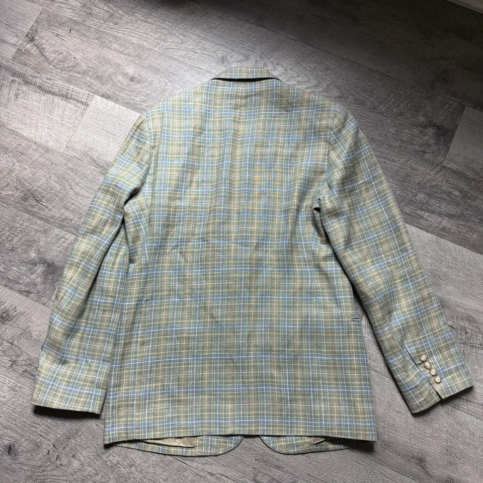 Blazer Gap Vintage Años 90 Para Hombre Pequeño Verde Cuadros Tartán Abrigo Deportivo 100% Lino Foto 3 de 4