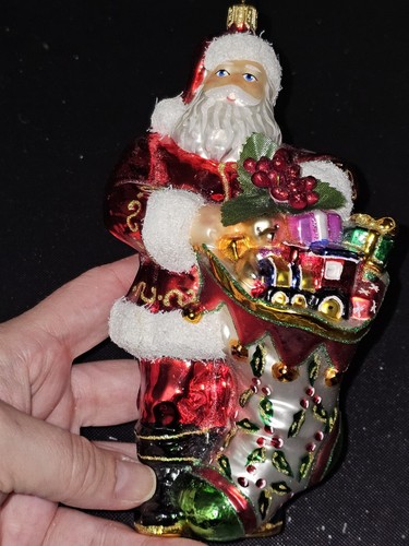 Glasgeblasener Weihnachtsschmuck Weihnachtsmann mit gefülltem Strumpf Top Zustand!! - Bild 7 von 8