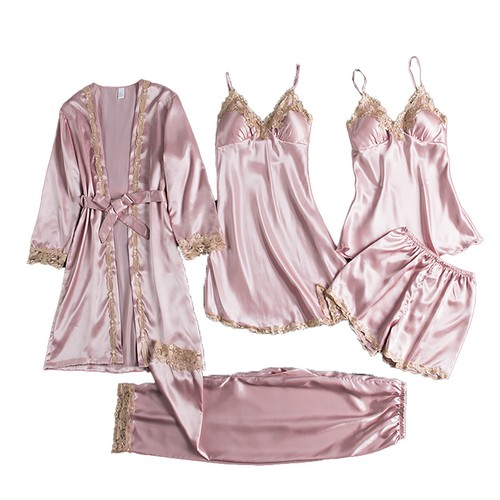 Women Sexy 5Pcs Ice Silk Sleepwear Loungewear Satin Robe Cami Shorts Pj Set - Bild 26 von 33