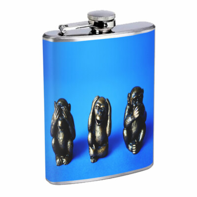 Monkey See Hear Speak Em2 8oz Stainless Steel Flask Drinking Whiskey Liquor