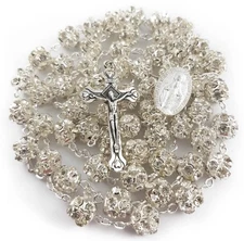 White Clear Zircon Crystal Beads Rosary Catholic Necklace Miraculous Medal Cross