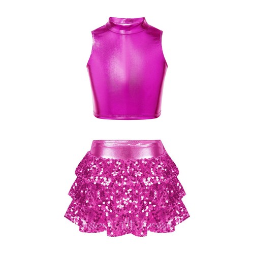 Kids Girls Ballet Dance Dress 2-Piece Metallic Shiny Lyrical Latin Dancewear - Picture 14 of 39