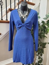 Wild Fable Women's Blue Nylon V-Neck Long Casual Sleeve Knee Length Dress Medium