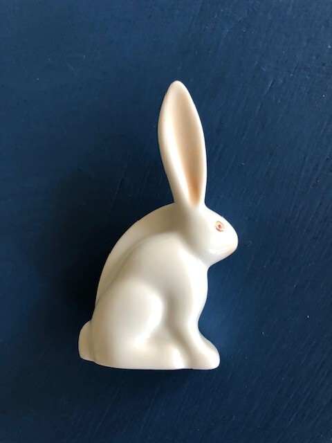 Herend Porcelain Bunny Rabbit Figurine, White with One Ear Up, Small 2 1/4 high.
