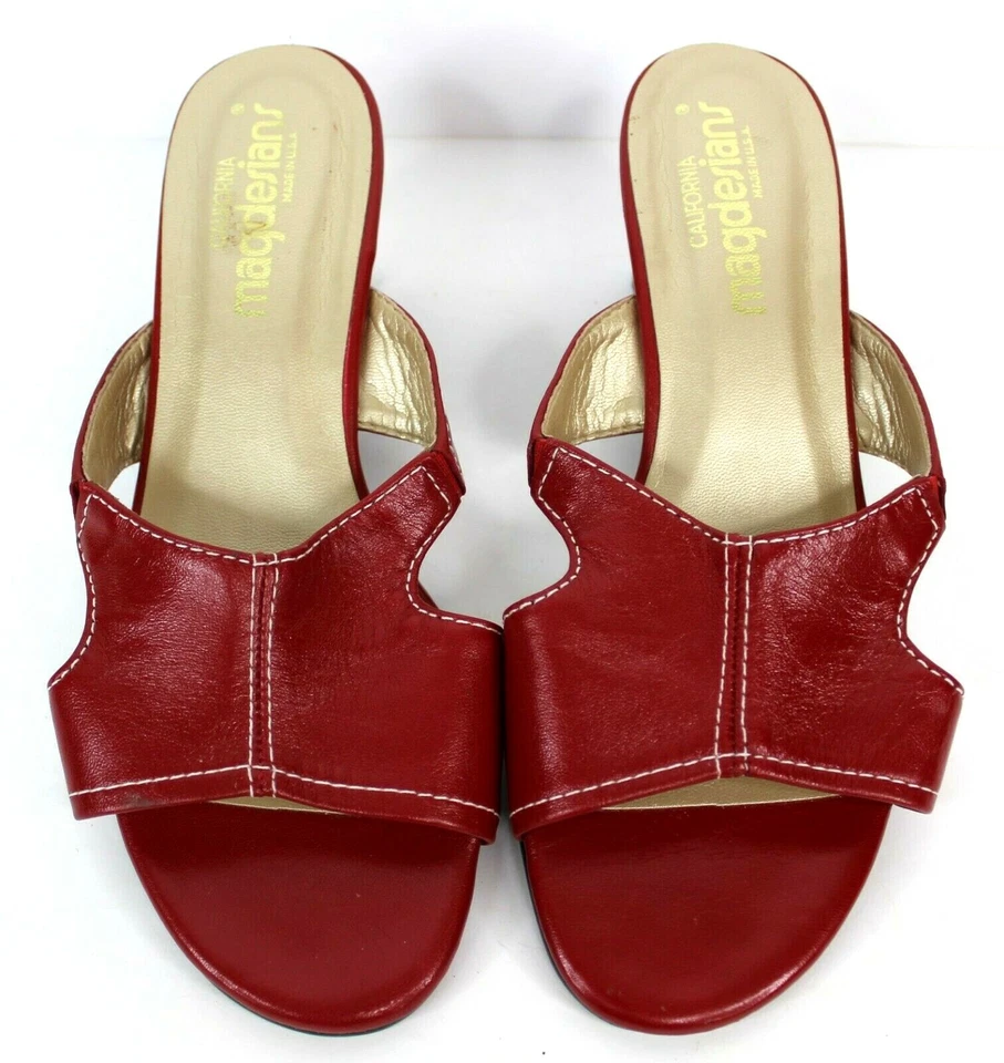 California Magdesians Red Leather White Stitch Slide On Sandal Size 8W Like New  - Image 4 of 4
