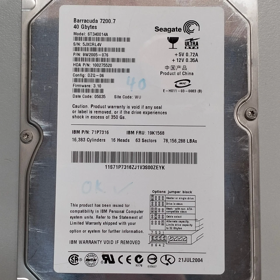 Seagate Barracuda 40GB 3.5" IDE HDD ATA/100 7200 RPM 2MB ST340014A 9W2005-076 - Image 2 of 4
