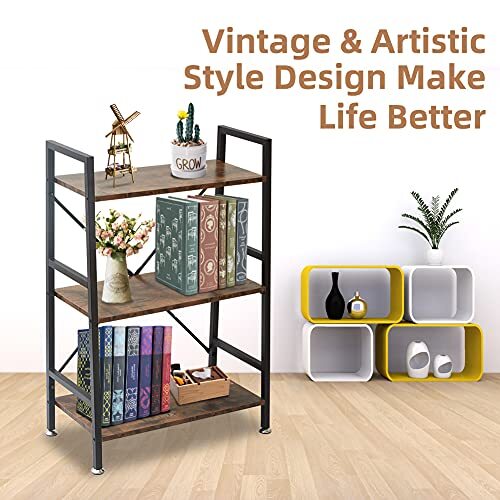 3 Tier Bookshelf, Rustic Office Shelves Bookcase, Wood and Metal