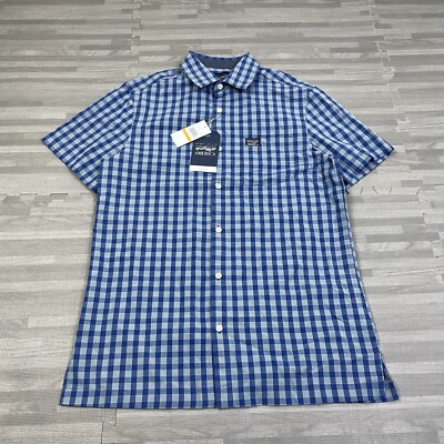 Perry Ellis America Plaid Button-Up SS Pocket Shirt Mens Small DeJa Vu Blue $79