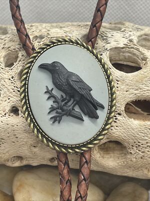 Gray BRONZE Gothic Wedding Western Southwest Raven Black Crow Skull Bolo tie
