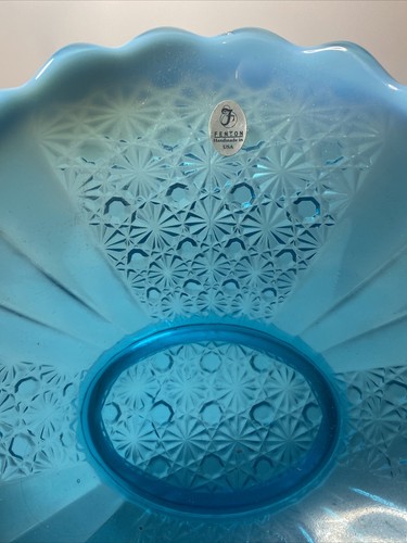 Fenton Aqua Blue Ruffled White Rim Fruit Bowl Daisy & Button Sticker Large 14” - Picture 7 of 11