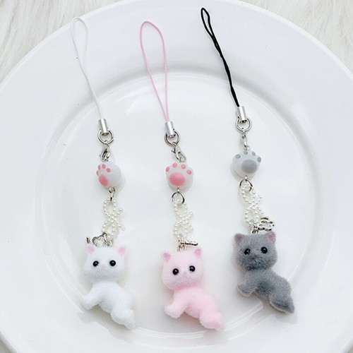 Cartoon Flocking Cat Mobile Phone Lanyard Cute Cat Phone Chain Keychain Pendant - 第 2/11 張圖片