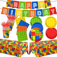 Building Block Birthday Party Supplies,143pcs Building Block Tableware Set