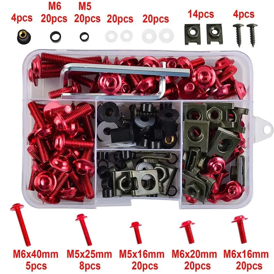 Motorcycle Fairing Bolt Kit Aluminum Alloy M5 M6 Screws Fasteners Universal Red - Image 2 of 4