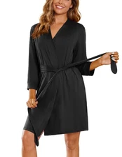 Short Bathrobe Lightweight Summer Robe for Women V Neck Soft Black Robe Knee ...