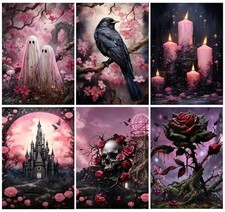 6 Pack Halloween Diamond Art Kits for Adults, 5D Pink,Gothic Diamond Painting fo