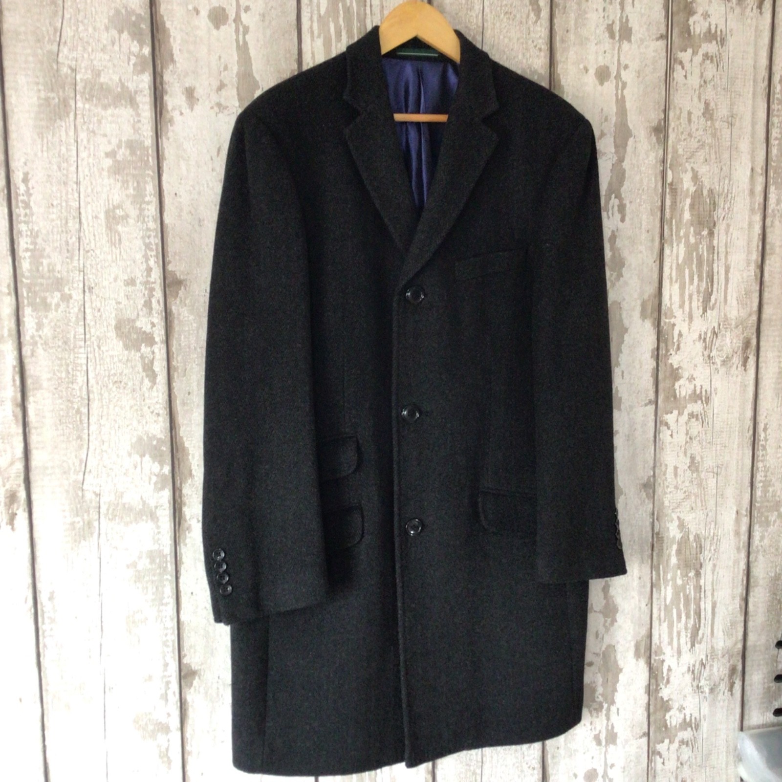 GREENWOODS Mens Overcoat 38R Cashmere Blend Black Grey Herringbone Crombie Style image 2