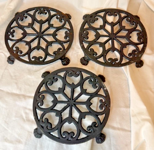 Set of 3 Vintage Cast Iron Kitchen Trivets Hot Pads ~ 3 Different Designs - product listing photo