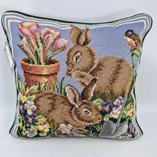 C&F Enterprises Bunnies in the Field Needlepoint Pillow Garden Flower 14" x 14"